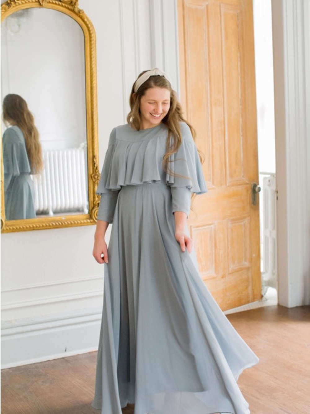 Dainty Jewells Small Dusty Blue Maxi Dress Modest Elegant Ruffle Overlay Formal